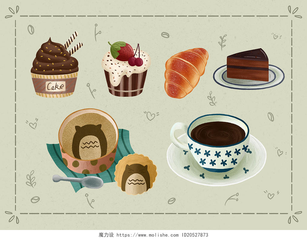 饮品美食咖啡与甜点可爱甜美插画psd文件